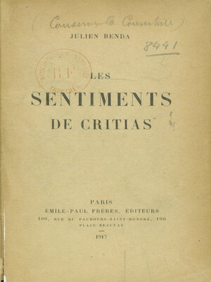 cover image of Les sentiments de Critias